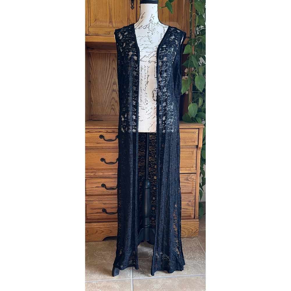 Nouvelle Collection Black Floral Lace Whimsigoth Duster Vest Long Medium‎